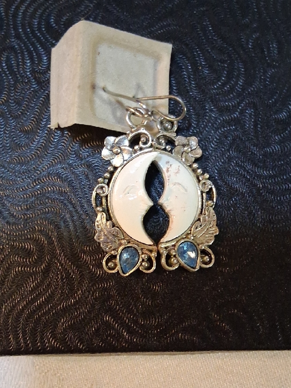 Silver Tone White Moon & Blue Crystal Drop Earrings - Picture 3 of 3